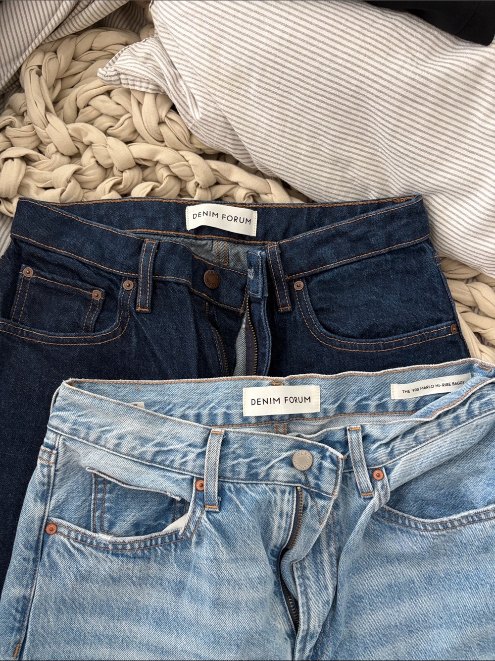 Bundle 2 pairs. Denim Forum High-Rise Jeans in Dark Indigo & Light Blue Washes
